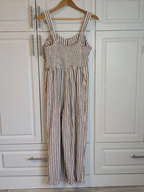 Linen Blend Striped Wide Leg Jumpsuit Smocked Back Coastal Fit & Flare M - Picture 7 of 13